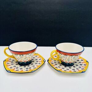 Anthropologie By Biscuit Tea Cup & Saucer Set of 2 Floral Whimsical EUC